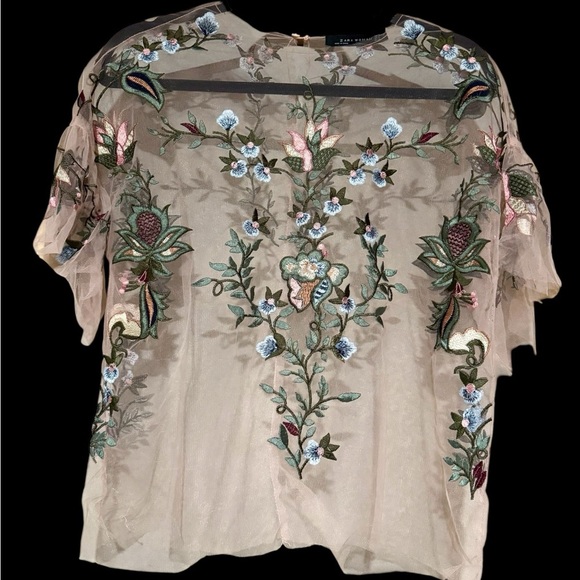 Zara Light Pink Floral Embroidered Sheer Top - Picture 5 of 10